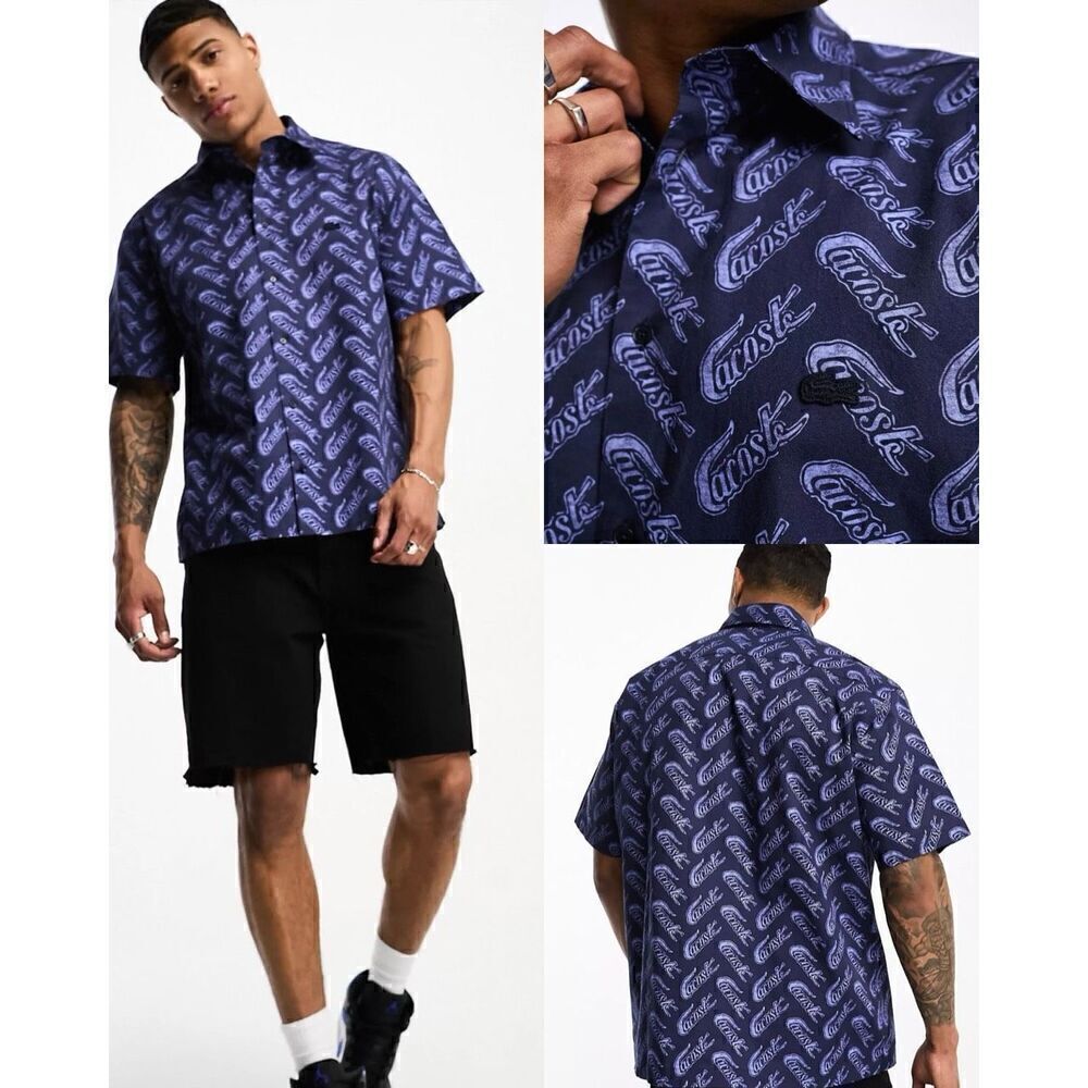 Lacoste NWT Men's Allover Logo Print Short Sleeve Shirt 100% Cotton Large